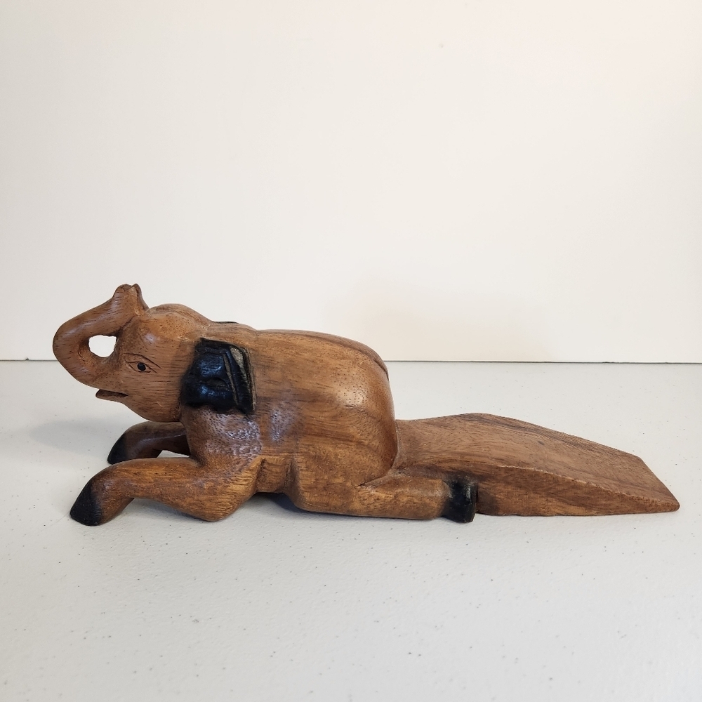 Vintage Wood Elephant Hand Carved Door Wedge Stopper Raised Trunk Up Boho 1970s